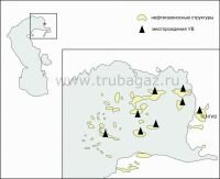 Рис. 1. Схема размещения нефтегазоносных структур северной части Каспийского моря