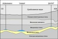 Рис. 3. Сейсмический профиль через газовые месторождения восточной части Левантийского бассейна (голубым показаны залежи газа)